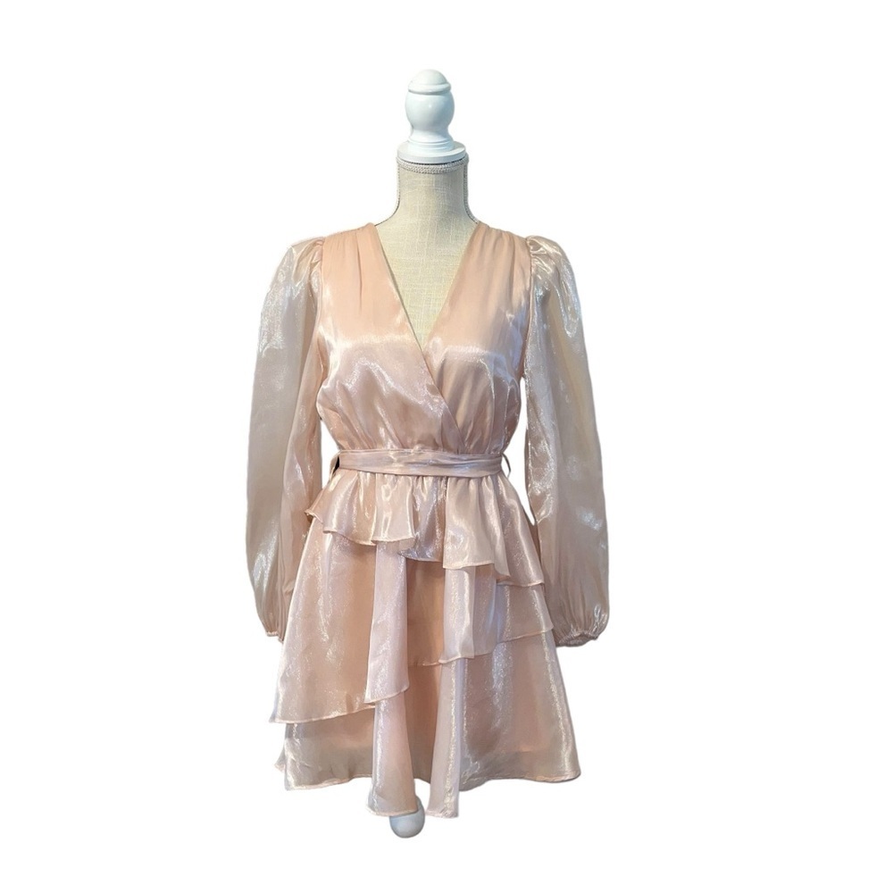 Idem Ditto Tiered‎ Mini Dress Sz SM Metallic Pink LS Balloon Sleeve V Neck Lined